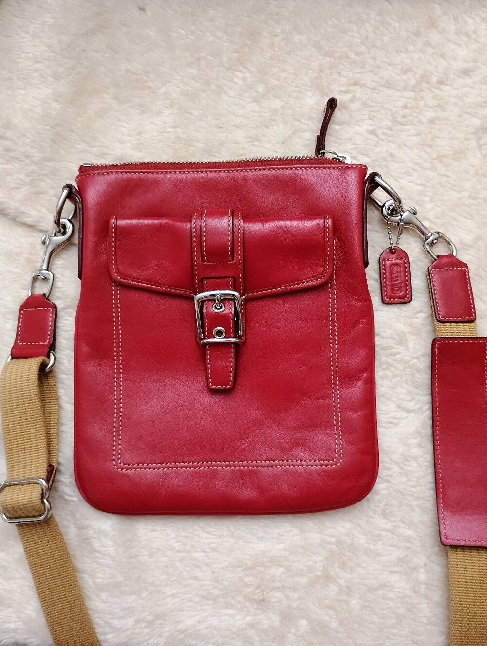 COACH Vintage Red Leather Crossbody Bag Buckle Detail